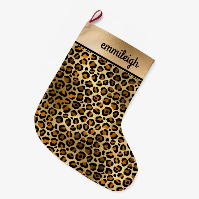 Black Gold Cheetah Leopard Monogram Christmas Large Christmas Stocking (Front (Hanging))