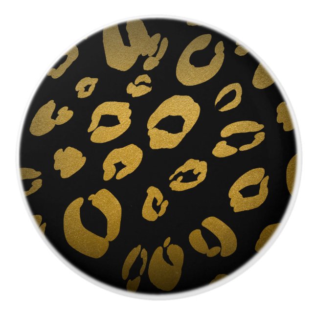 Black & Gold Cheetah Leopard Print Elegant Glam Ceramic Knob (Front)