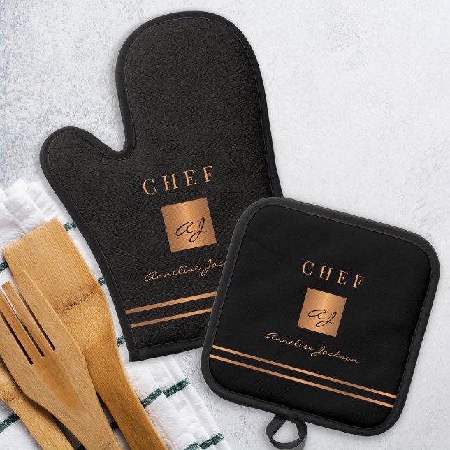 Black gold chef monogram modern kitchen oven mitt & pot holder set (Creator Uploaded)