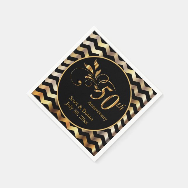 Black & Gold Chevron 50th Wedding Anniversary Napkins (Corner)