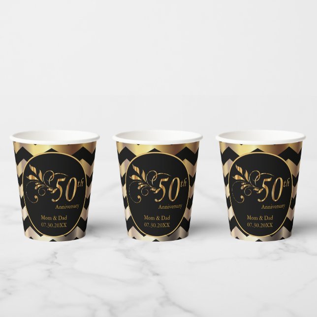 Black & Gold Chevron 50th Wedding Anniversary Paper Cups (Multi)