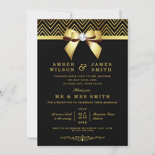 Black Gold Chevrons Bow Wedding Reception Only Invitation