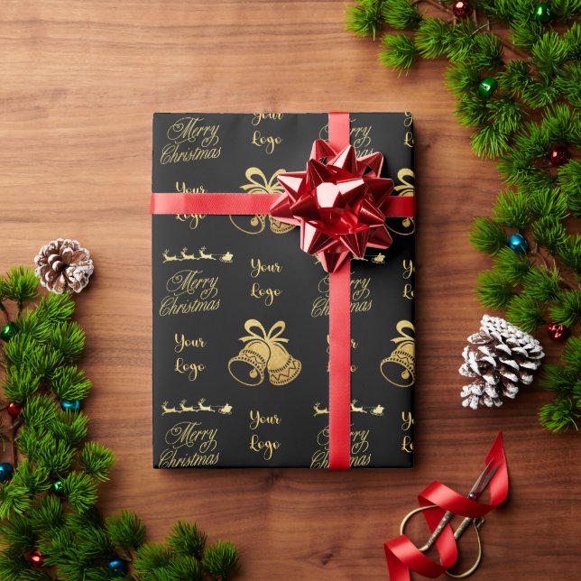 Black Gold Chic Christmas Tree Retail Custom Logo Wrapping Paper (Holiday Gift)