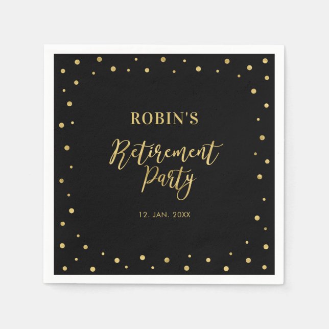 Black & Gold | Chic Confetti Retirement Party Napkins (Front)