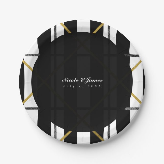 Black & Gold Chic Glam Geometric Party Paper Plates (Front)