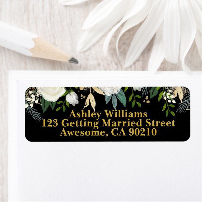 Black & Gold Chic Greenery Wedding Return Address Label (Insitu)