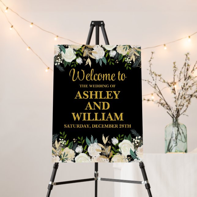 Black & Gold Chic Greenery Welcome to the Wedding Foam Board (In Situ (Stand))