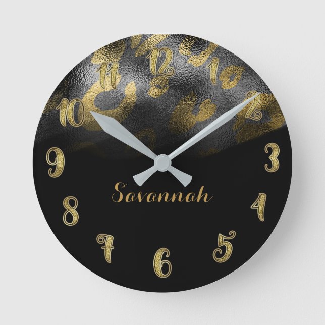 Black & Gold Chic Sleek Leopard Cheetah Print Round Clock (Front)