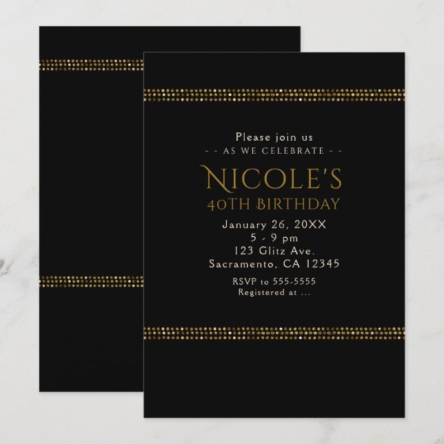 Black & Gold Chic Sparkling Glam Party Invitations (Front/Back)