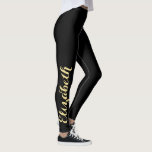 Black Gold Chic Stylish Personalized Workout Sport Leggings<br><div class="desc">Custom, personalized, beautiful, elegant faux gold on black typography script, cool, chic, stylish, modern, trendy, breathable, hand sewn, womens full length fashion travel party workout sports yoga gym running leggings pants, that stretches to fit your body, hugs in all the right places, bounces back after washing, and doesn't lose their...</div>