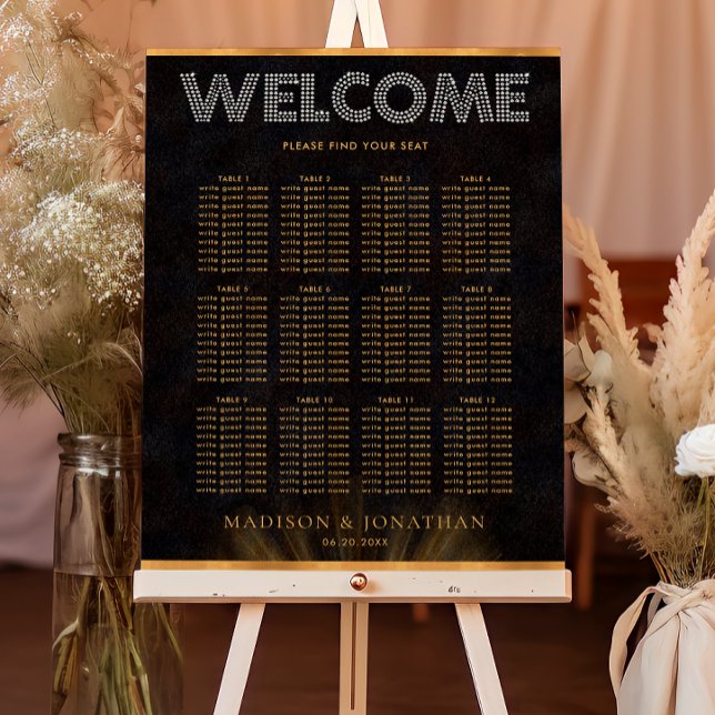 Black Gold Chic Wedding Guest List Seating Chart Foam Board (Creator Uploaded)