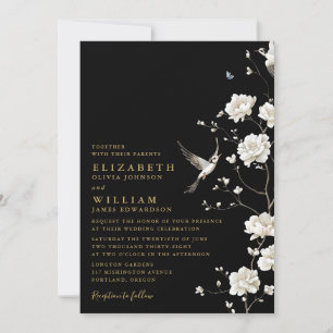 Black Gold Chinoiserie Floral All In One Wedding Invitation