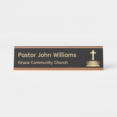 Black  Gold Christian Cross Church Desk Name Plate