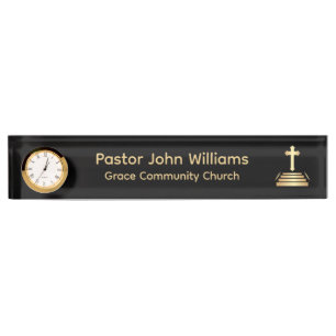 Black / Gold Christian Cross Church Desk Name Plate