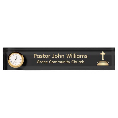 Black  Gold Christian Cross Church Desk Name Plate