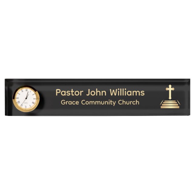 Black / Gold Christian Cross Church Desk Name Plate (Front)