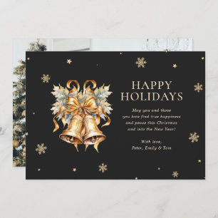 Black Gold Christmas Bells Snowflake Photo Holiday Card