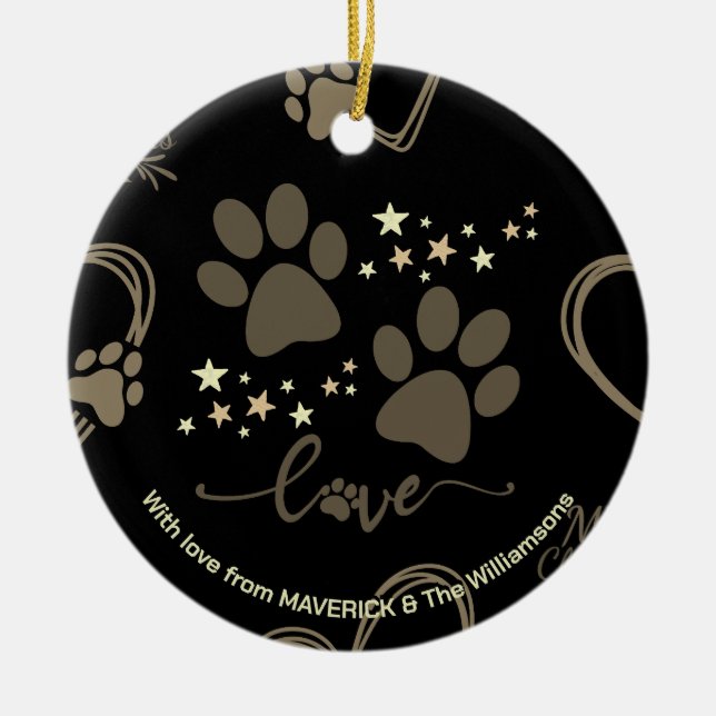 Black Gold Christmas DOG PAW PRINTS Personalized Ceramic Ornament (Front)