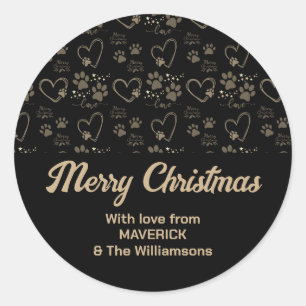 Black Gold Christmas DOG PAW PRINTS Personalized Classic Round Sticker
