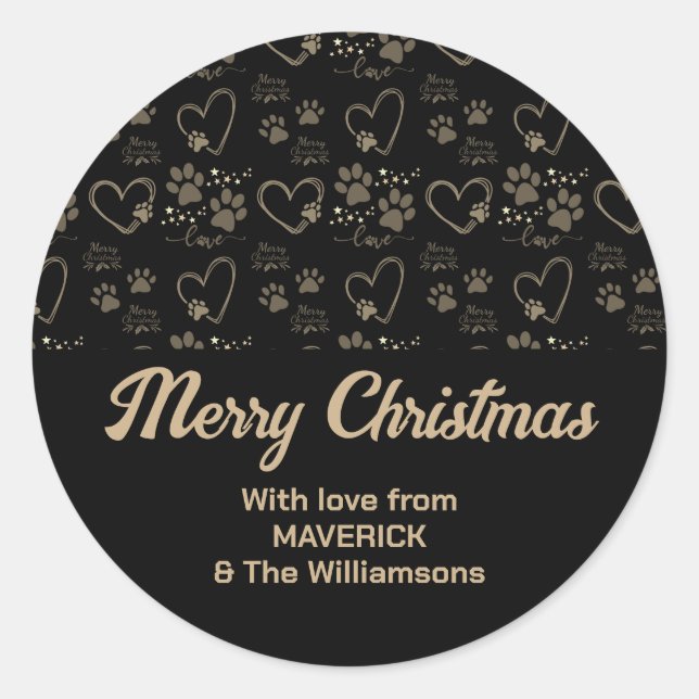 Black Gold Christmas DOG PAW PRINTS Personalized Classic Round Sticker (Front)