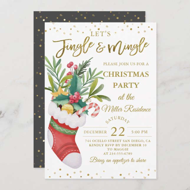 Black Gold Christmas Floral Sock Jingle and Mingle Invitation (Front/Back)