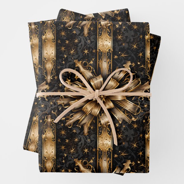Black & Gold Christmas Grunge Wrapping Paper Sheets (In situ)