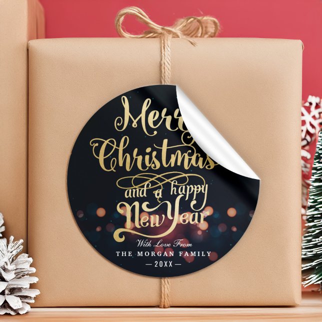 Black & Gold Christmas & Happy New Year Typography Classic Round Sticker (Creator Uploaded)