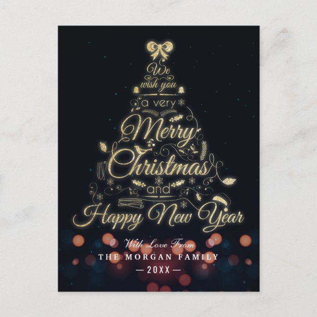 Black & Gold Christmas & Happy New Year Typography Holiday Postcard (Front)