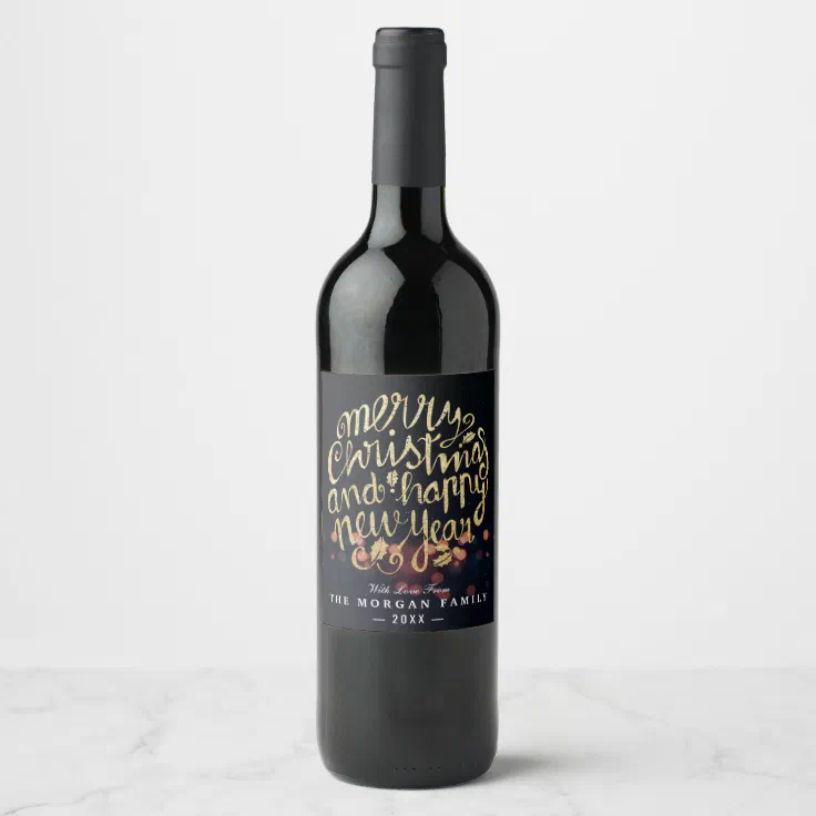 Black & Gold Christmas & Happy New Year Typography Wine Label ...