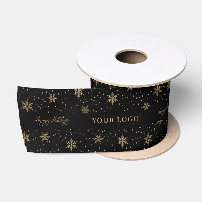 Black & Gold | Christmas Holiday Business Logo Satin Ribbon (Spool)