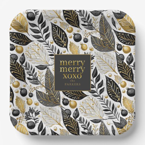 Black Gold Christmas Merry Pattern21 ID1009 Paper Plates