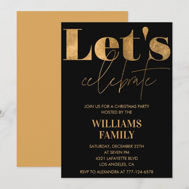 Black Gold Christmas Party Let's celebrate Invitation (Front/Back)