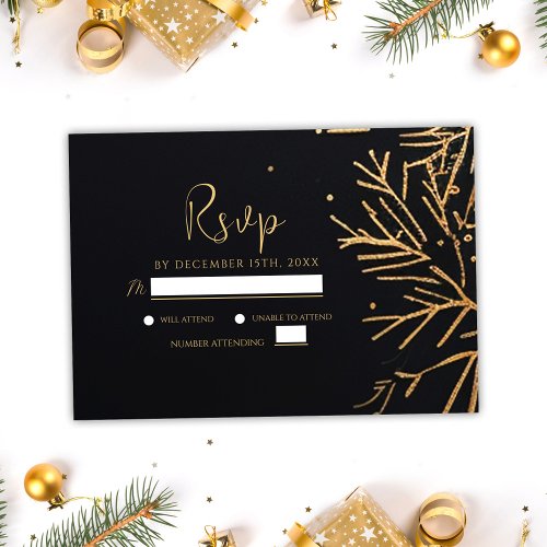 Black Gold Christmas Party Modern Elegant Holiday RSVP Card