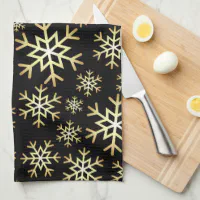 Black Gold & White Snowflakes Winter Kitchen Towels, Snowflakes Hanging  Kitchen Towels, Heavy Black Kitchen Towel With Gold Snowflakes