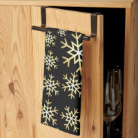 Black Gold & White Snowflakes Winter Kitchen Towels, Snowflakes Hanging  Kitchen Towels, Heavy Black Kitchen Towel With Gold Snowflakes