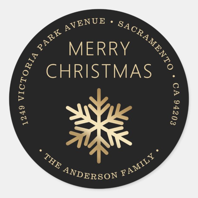 Black Gold Christmas Snowflake Return Address Classic Round Sticker (Front)