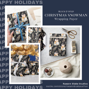 Black & Gold Christmas Snowman Wrapping Paper