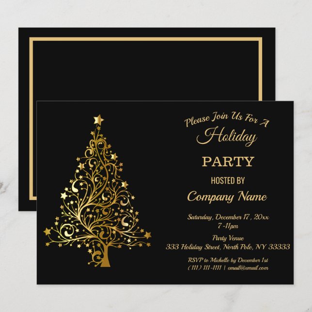 Black Gold Christmas Tree Corporate Holiday Party Invitation (Front/Back)