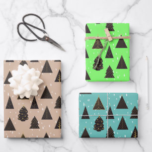 Black & Gold Christmas Trees, Snow Wrapping Paper Sheets