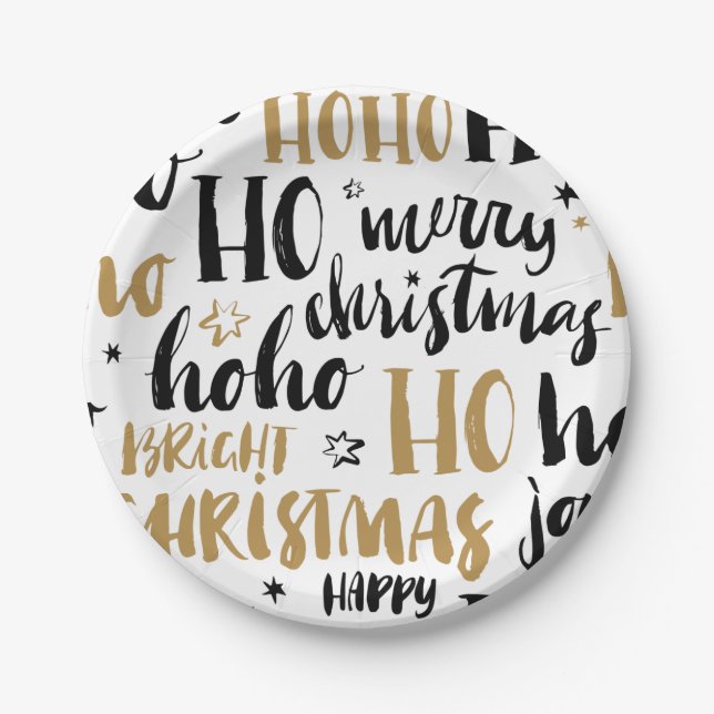 Black & Gold Christmas Word Text Art Cute Aestheti Paper Plates (Front)