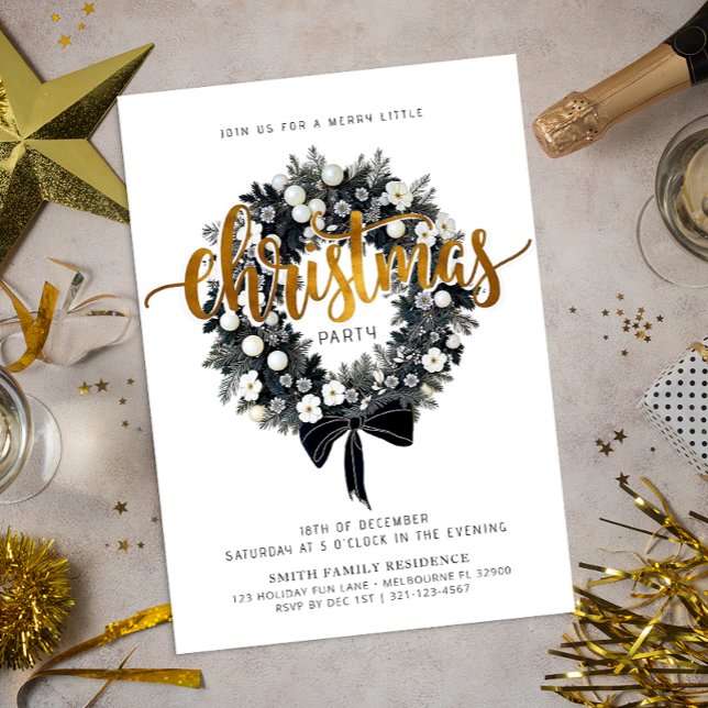 Black & Gold Christmas Wreath Party Invitation  (Simple Christmas Party Invitation)