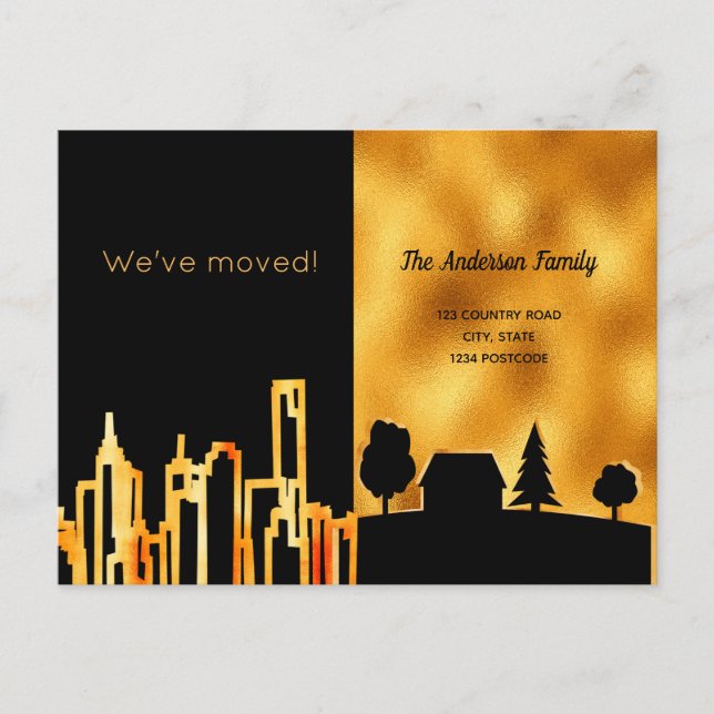 Black gold city country we moved announcement post postcard (Front)