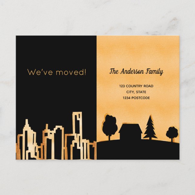 Black gold city country we moved announcement postcard (Front)