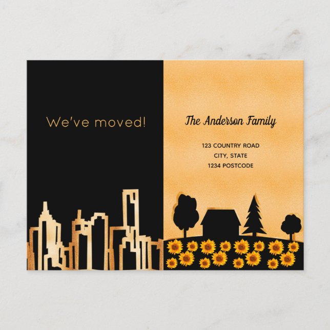 Black gold city country we moved announcement postcard (Front)