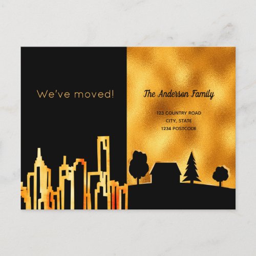 Black gold city country we moved announcement postcard