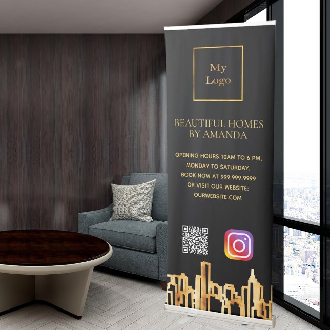 Black gold city skyline business logo Qr code Retractable Banner (Creator Uploaded)