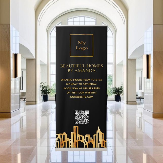 Black gold city skyline business logo Qr code Retractable Banner (Creator Uploaded)