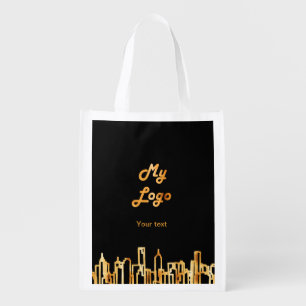 Black gold city skyline business logo text grocery bag