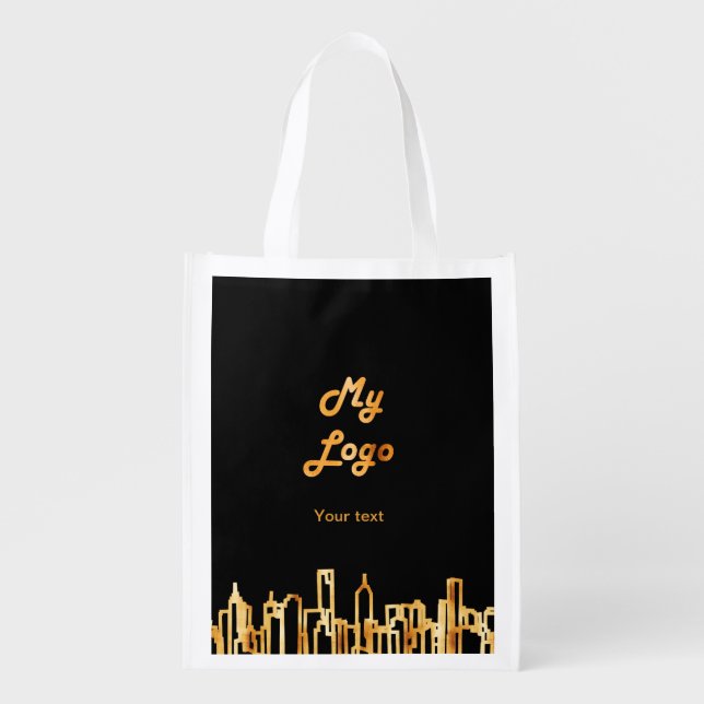 Black gold city skyline business logo text grocery bag (Front)