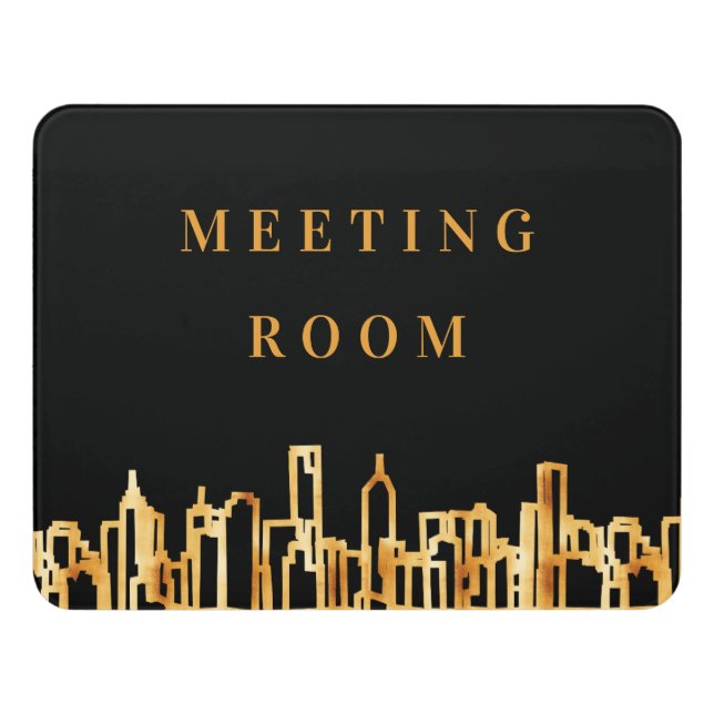 Black gold city skyline business meeting room door sign (Contemporary Front)